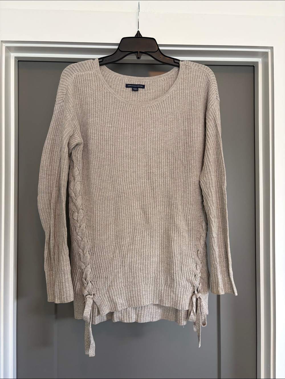 Women’s Beige Scoop Neck Long Sweater with Side Lace-Up Detail